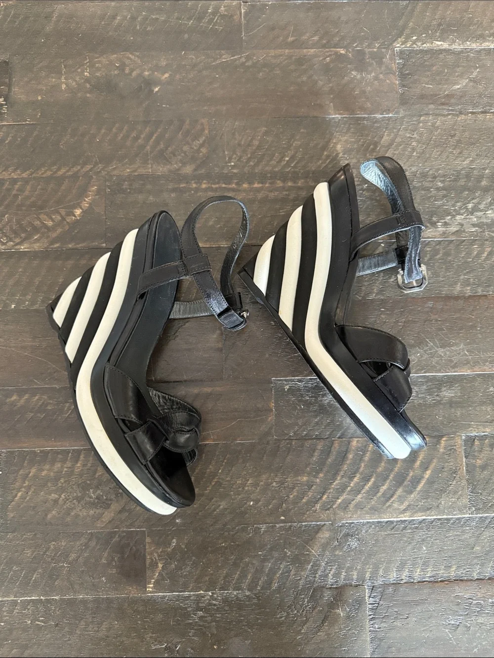 Stuart Weitzman Attitude Black White Striped Wedge Sandals - Picture 4 of 7